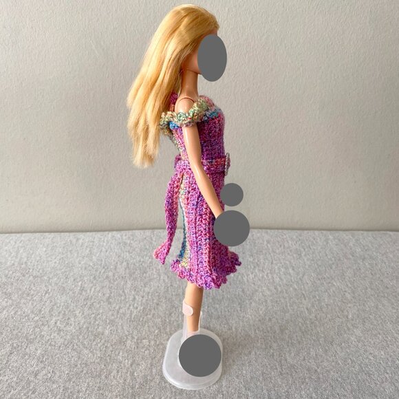 Handmade Crochet Pink Multicolour Dress+Cape+Belt for 29cm Doll 3-Piece Outfit - Picture 10 of 13